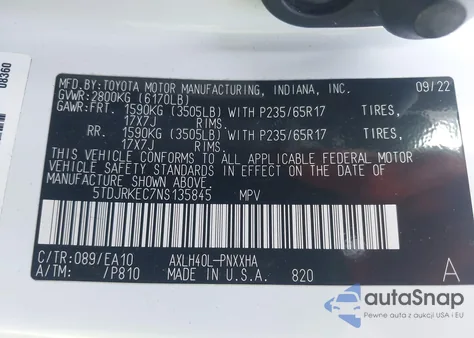 2022 Toyota Sienna Xle z USA, uszkodzony, nr VIN 5TDJRKEC7NS135845